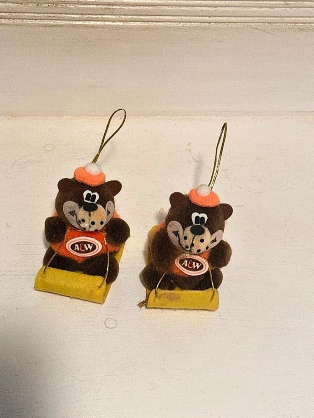 A&W Vintage A&W Root Beer Bear Riding Yellow Toboggan Christmas Ornament Bear x2